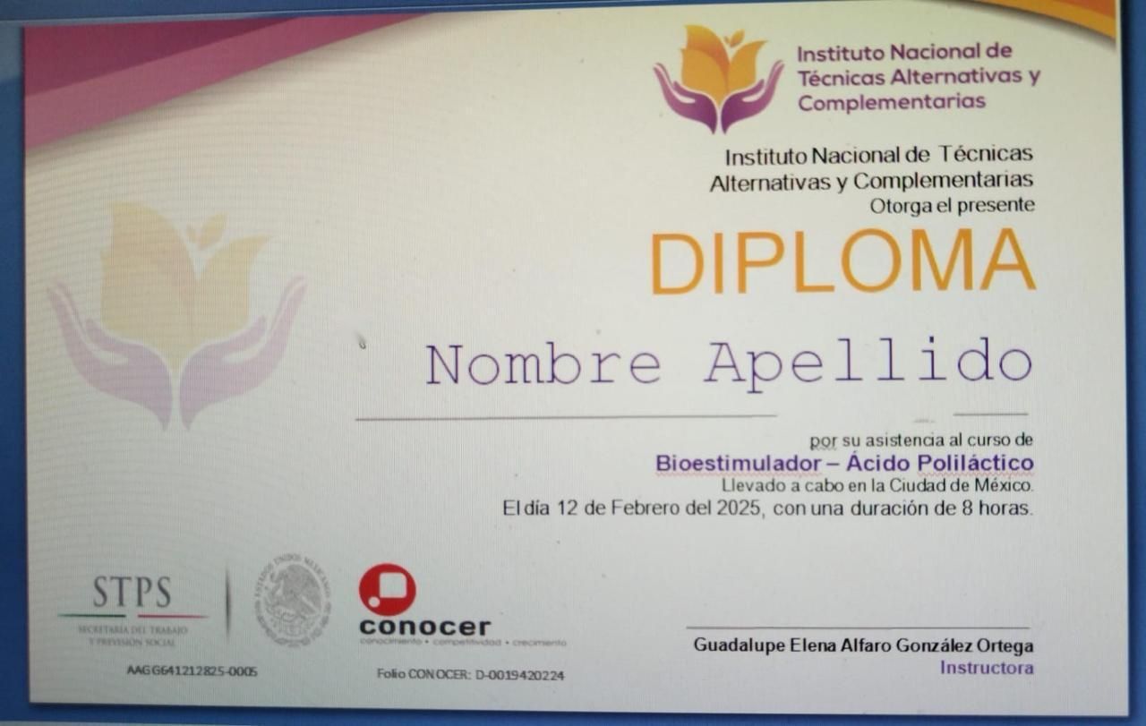 Diploma del Instituto Nacional de Técnicas Alternativas y Complementarias, con el curso, la fecha, la duración y el folio CONOCER